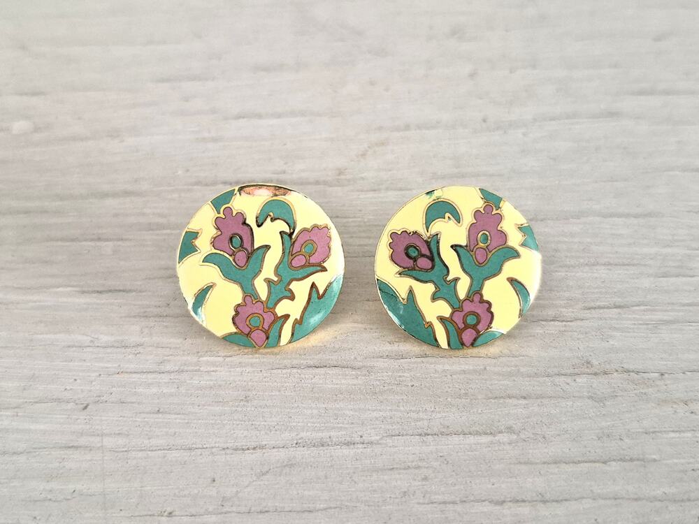 Vintage Purple Floral Cloisonne Stud Earrings